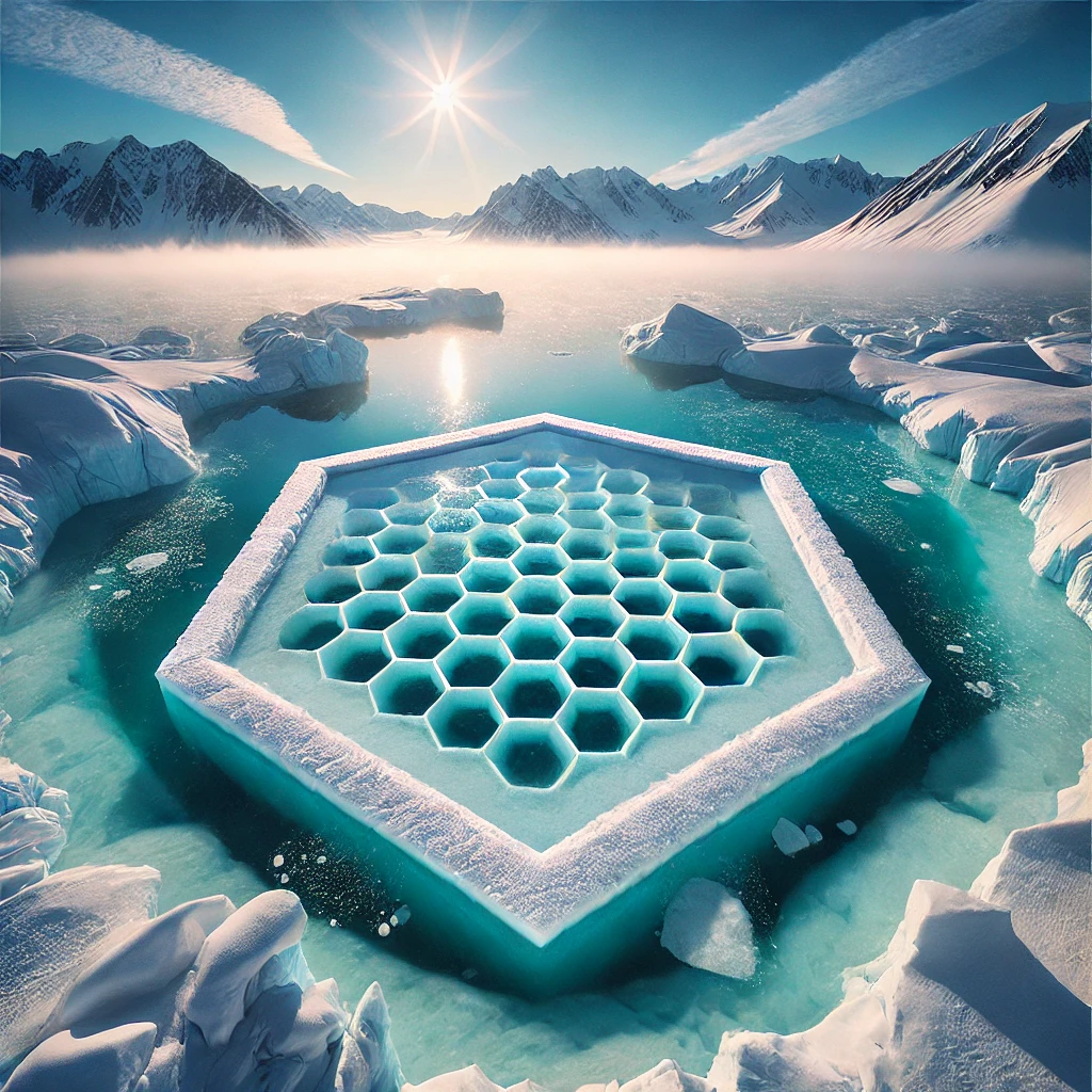 Eisscholle in Form einer Honigwabe inmitten arktischer Landschaft – Symbol für Frische und Kühlung von Frostwaben.